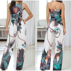Womens Spaghetti Strap Side Split Peacock One Piece Jumpsuit Size Small belt tie
